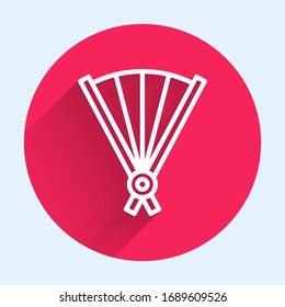 White line Traditional paper chinese or japanese folding fan icon isolated with long shadow. Red circle button. Vector Illustration