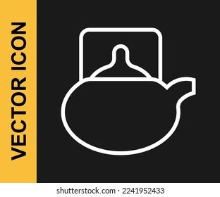 White line Traditional tea ceremony icon isolated on black background. Teapot with cup.  Vector