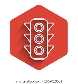 White line Traffic light icon isolated with long shadow. Red hexagon button. Vector Illustration