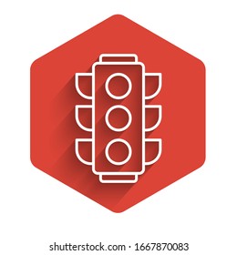 White line Traffic light icon isolated with long shadow background. Red hexagon button. Vector Illustration