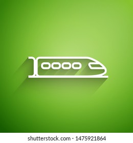 White line Train icon isolated on green background. Public transportation symbol. Subway train transport. Metro underground.  Vector Illustration