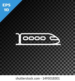 White line Train icon isolated on transparent dark background. Public transportation symbol. Subway train transport. Metro underground.  Vector Illustration