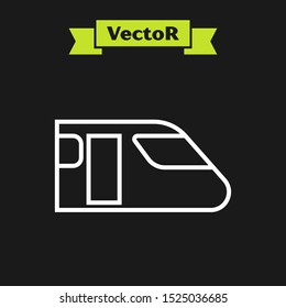 White line Train icon isolated on black background. Public transportation symbol. Subway train transport. Metro underground.  Vector Illustration
