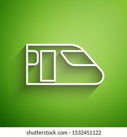 White line Train icon isolated on green background. Public transportation symbol. Subway train transport. Metro underground.  Vector Illustration