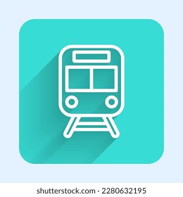 White line Train and railway icon isolated with long shadow. Public transportation symbol. Subway train transport. Metro underground. Green square button. Vector