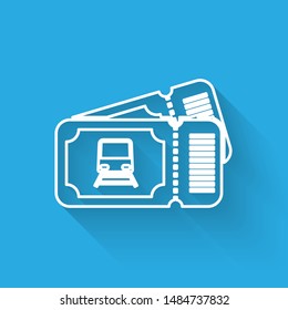 White line Train ticket icon isolated with long shadow. Travel by railway.  Vector Illustration