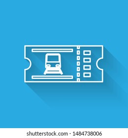 White line Train ticket icon isolated with long shadow. Travel by railway.  Vector Illustration