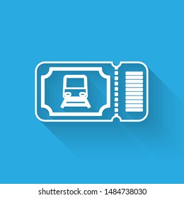White line Train ticket icon isolated with long shadow. Travel by railway.  Vector Illustration