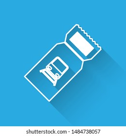 White line Train ticket icon isolated with long shadow. Travel by railway.  Vector Illustration