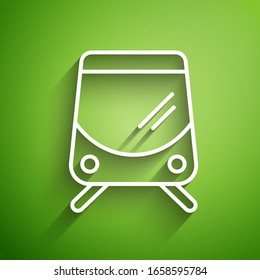 White line Tram and railway icon isolated on green background. Public transportation symbol.  Vector Illustration