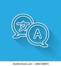 White line Translator icon isolated with long shadow. Foreign language conversation icons in chat speech bubble. Translating concept.  Vector Illustration