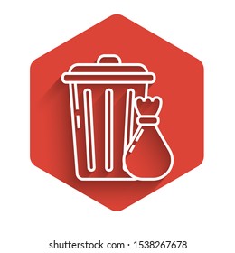 White line Trash can and garbage bag icon isolated with long shadow. Garbage bin sign. Recycle basket icon. Office trash icon. Red hexagon button. Vector Illustration