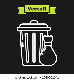 White line Trash can and garbage bag icon isolated on black background. Garbage bin sign. Recycle basket icon. Office trash icon.  Vector Illustration