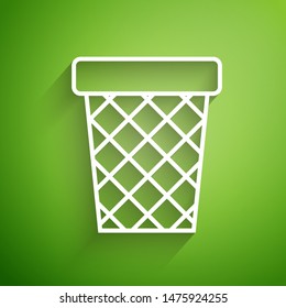 White line Trash can icon isolated on green background. Garbage bin sign. Recycle basket icon. Office trash icon.  Vector Illustration