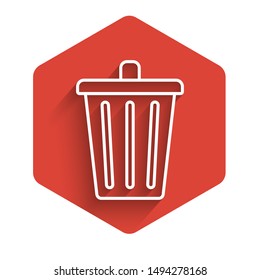 White line Trash can icon isolated with long shadow. Garbage bin sign. Recycle basket icon. Office trash icon. Red hexagon button. Vector Illustration