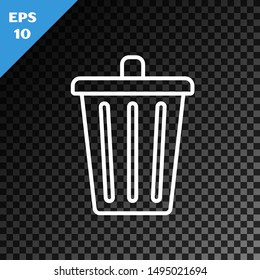 White line Trash can icon isolated on transparent dark background. Garbage bin sign. Recycle basket icon. Office trash icon.  Vector Illustration