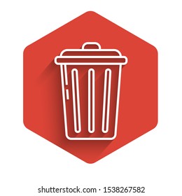White line Trash can icon isolated with long shadow. Garbage bin sign. Recycle basket icon. Office trash icon. Red hexagon button. Vector Illustration