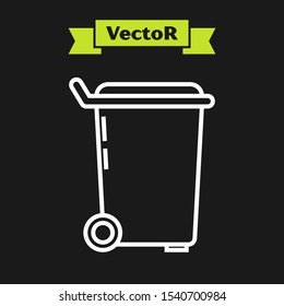 White line Trash can icon isolated on black background. Garbage bin sign. Recycle basket icon. Office trash icon.  Vector Illustration