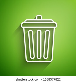 White line Trash can icon isolated on green background. Garbage bin sign. Recycle basket icon. Office trash icon.  Vector Illustration