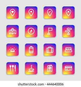 white line travel icon set on colorful smooth gradient rounded rectangle with soft shadow for web design, user interface (UI), infographic and mobile application (apps)