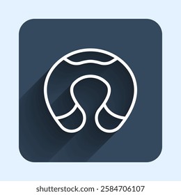White line Travel neck pillow icon isolated with long shadow background. Pillow U-shaped. Blue square button. Vector