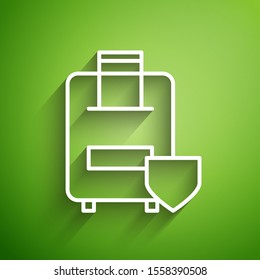 White line Travel suitcase icon isolated on green background. Traveling baggage insurance. Security, safety, protection, protect concept.  Vector Illustration