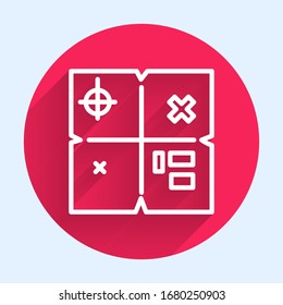 White line Treasure map icon isolated with long shadow. Red circle button. Vector Illustration