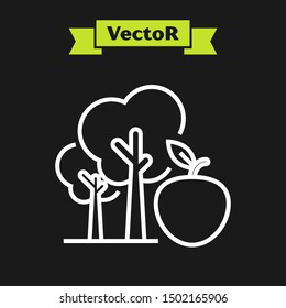 White line Tree with apple icon isolated on black background. Agricultural plant. Organic farm product. Gardening theme.  Vector Illustration