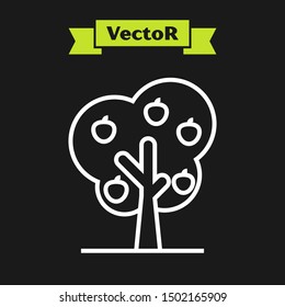 White line Tree with apple icon isolated on black background. Agricultural plant. Organic farm product. Gardening theme.  Vector Illustration