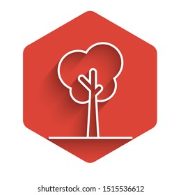 White line Tree icon isolated with long shadow. Forest symbol. Red hexagon button. Vector Illustration