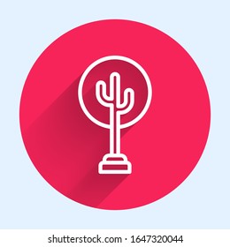 White line Tree icon isolated with long shadow. Forest symbol. Red circle button. Vector Illustration
