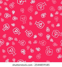 White line Tree icon isolated seamless pattern on red background. Forest symbol.  Vector