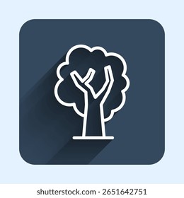 Ícone de Árvore de linha branca isolado com plano de fundo de sombra longa. Símbolo da floresta. Botão quadrado azul. Vetor