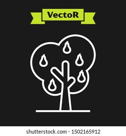 White line Tree with pears icon isolated on black background. Agricultural plant. Organic farm product. Gardening theme.  Vector Illustration