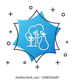 White line Tree with pears icon isolated on white background. Agricultural plant. Organic farm product. Gardening theme. Blue hexagon button. Vector Illustration