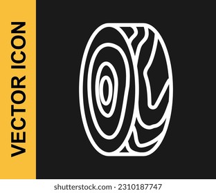 White line Tree rings icon isolated on black background. Wooden cross section.  Vector