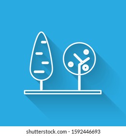 White line Trees icon isolated with long shadow. Forest symbol.  Vector Illustration