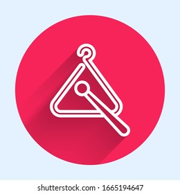 White line Triangle musical instrument icon isolated with long shadow. Red circle button. Vector Illustration