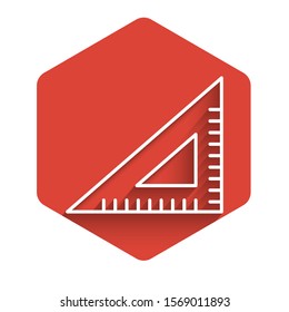 White line Triangular ruler icon isolated with long shadow. Straightedge symbol. Geometric symbol. Red hexagon button. Vector Illustration