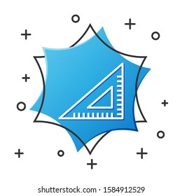 White line Triangular ruler icon isolated on white background. Straightedge symbol. Geometric symbol. Blue hexagon button. Vector Illustration