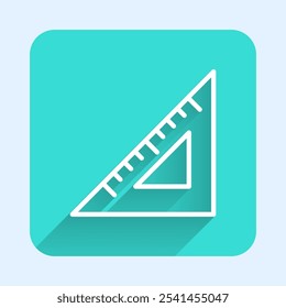 White line Triangular ruler icon isolated with long shadow. Straightedge symbol. Geometric symbol. Green square button. Vector
