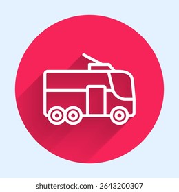White line Trolleybus icon isolated with long shadow background. Public transportation symbol. Red circle button. Vector