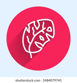 White line Tropical leaves of palm tree icon isolated with long shadow. Red circle button. Vector