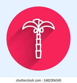 White line Tropical palm tree icon isolated with long shadow. Coconut palm tree. Red circle button. Vector Illustration