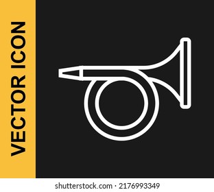 White line Trumpet icon isolated on black background. Musical instrument.  Vector