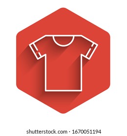 White line T-shirt icon isolated with long shadow. Red hexagon button. Vector Illustration