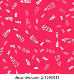 White line Tube of toothpaste icon isolated seamless pattern on red background.  Vector