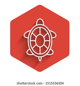 White line Turtle icon isolated with long shadow. Red hexagon button. Vector Illustration