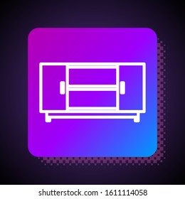 White line TV table stand icon isolated on black background. Square color button. Vector Illustration