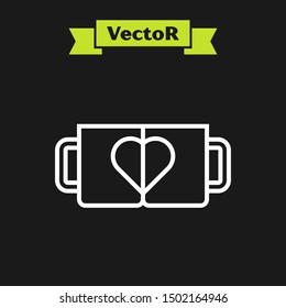 White line Two coffee cup and heart icon isolated on black background. Couple coffee for lovers on Valentines Day.  Vector Illustration